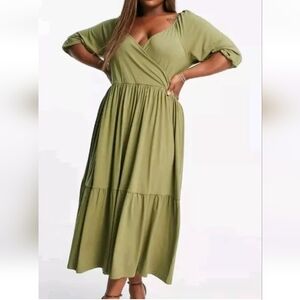Asos Design Boho Tiered Wrap Maxi Dress Woman Plus 20W Sage Green Jersey Fairy
